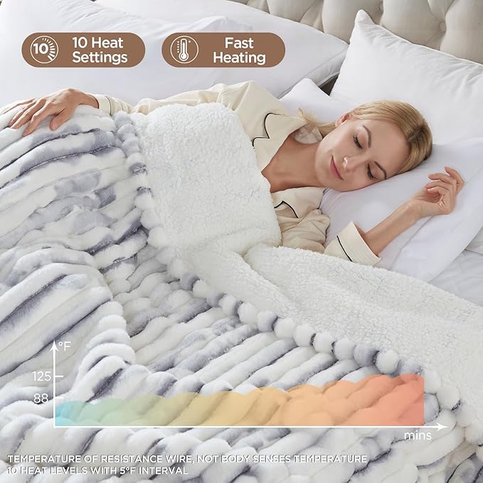 Westinghouse Electric Blanket Queen Size, Soft Luxury Faux Fur & Sherpa Heated Blanket with 10 Heating Levels & 1-12 Hours Auto Off, Fast Heating Blanket, Machine Washable, 84x 90 Inch Blue Gray