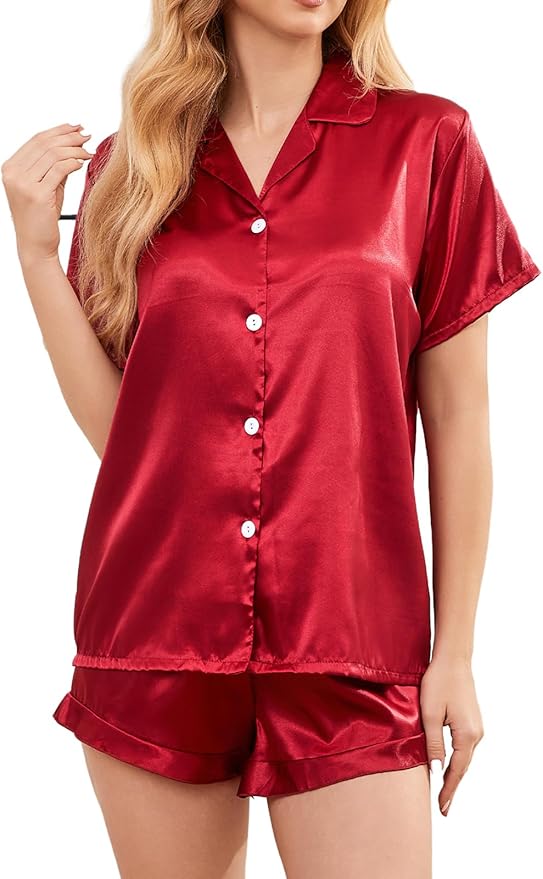 Women's Comfy Satin Pajamas - Soft Button-Up Shirt & Ruffled Adjustable Drawstring Shorts - Elegant Sliky Pjs