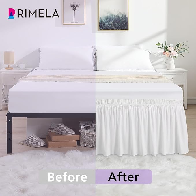 RIMELA White Bed Skirt Full Size 18 Inch Drop, Elastic Bed Skirting for Bed Base and Frame, Bedding Dust Ruffle Easy to Install, Lightweight Wrap Around Adjustable Bedskirt