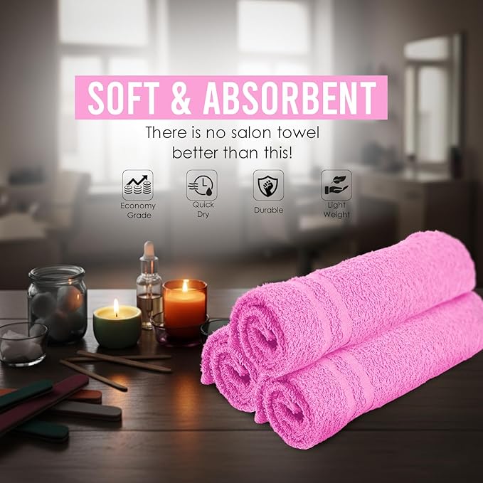 Hand Towels (Pack of 24) Pink Economy Towels Salon Towels - 100% Cotton Spa Towel – 16 x 27 Inches Highly Absorbable, Facial, Gym Towel, Hair, Face Towel Bulk