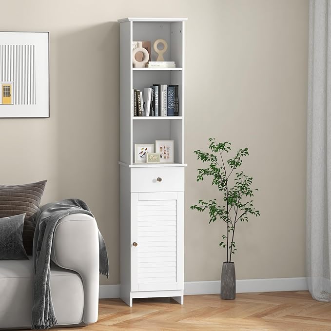 Giantex 64.5” Tall Bathroom Cabinet, Narrow Floor Storage Cabinet with Adjustable Shelves, 1 Door & 1 Drawer, Anti-Toppling Design, Modern Storage Organizer for Bathroom, Living Room, Hallway