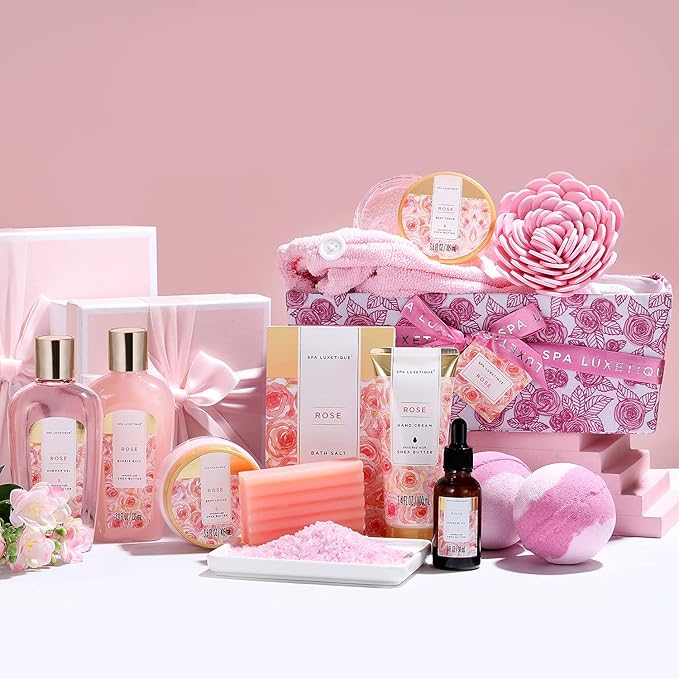 Spa Luxetique Spa Gift Baskets for Women, 12 Pcs Rose Presents Set with Bubble Bath, Bath Bombs, Body Lotion, Hand Cream, Christmas Gift Basket for Mom