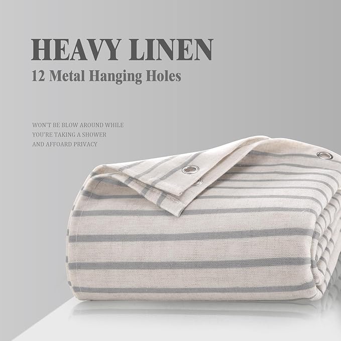 Awellife Farmhouse Grey Shower Curtain for Bathroom Linen Texture Stripe Tassel Shower Curtain 72 X 78 Inches Neutral
