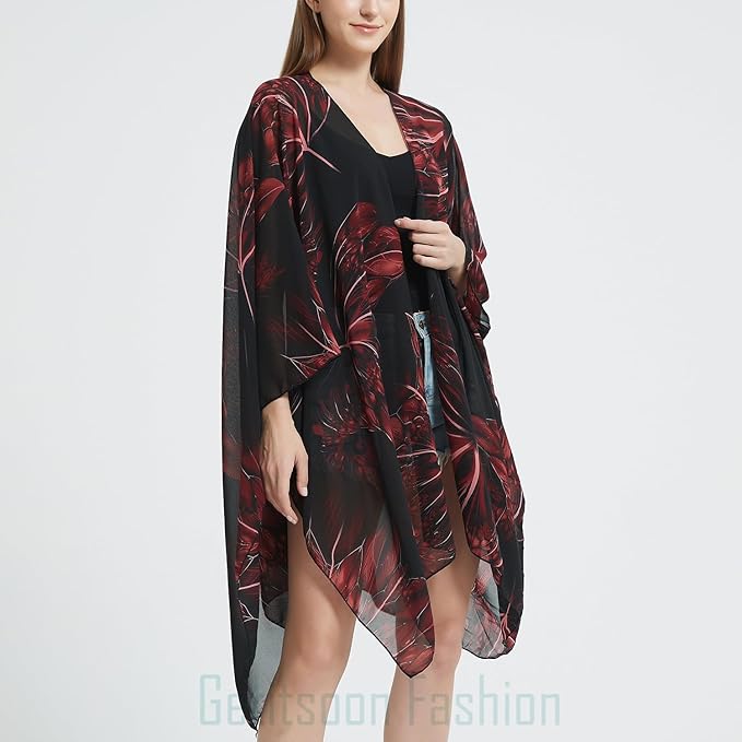 Women's Bohemian Floral Chiffon Beach Cover up Swimsuit Kimono Summer Swimwear Cardigans