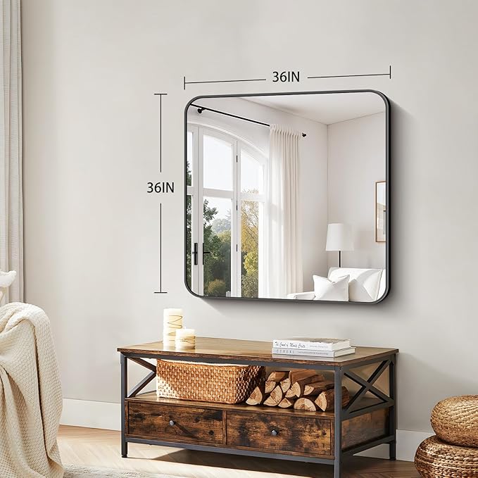 Koonmi Black Framed Bathroom Mirror - 36x36 Inch Shatterproof Tempered Glass Vanity Mirror for Bathroom Sink, Wall Mounted with Matte Aluminum Alloy Frame, No Distortion, Modern Decor
