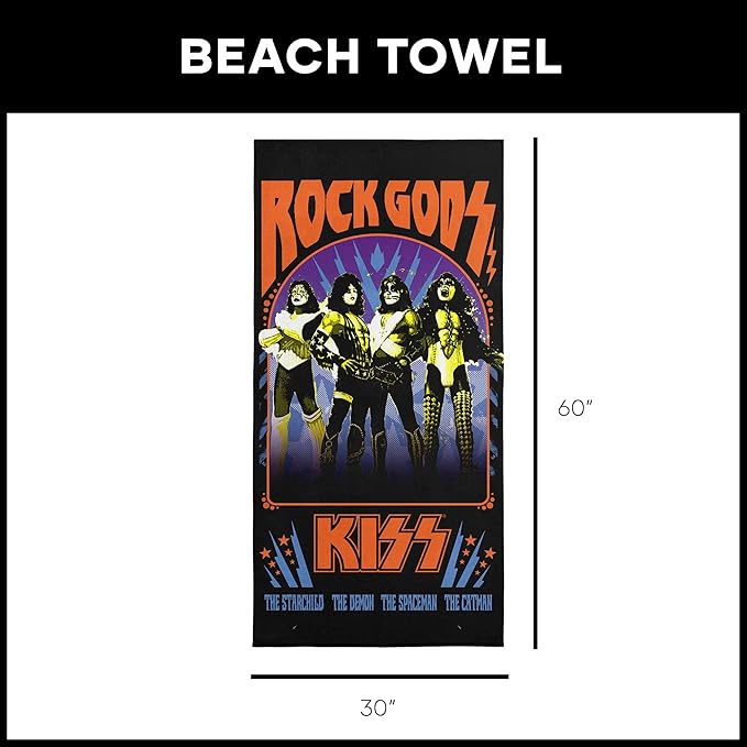 Northwest KISS Gods of Rock Beach Towel, Rock and Roll Pool and Bath Towel, Soft and Absorbent, Quick Dry, 30 x 60 inches