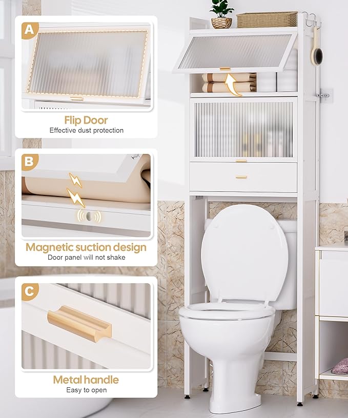 Over The Toilet Storage Shelf with Drawer, Above Bamboo Bathroom Organizer Cabinet with Anti-Tip and Waterproof Feet Pad Design, Freestanding Shelf for Bathroom (White)