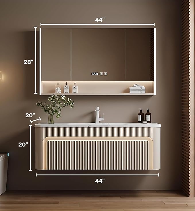 44” Bathroom Vanity Set, Floating Bathroom Vanities with Single Sink, Smart Defog Mirror Cabinet and LED Strip Light, Oak Wood Elegant Bathroom Cabinet with Storage Space (Milk Coffee)