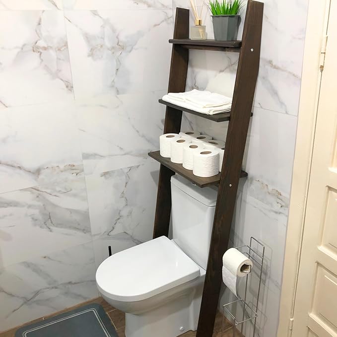 Over The Toilet Birch Wood Bathroom Organizer Shelves, 3-Tier Freestanding Above Toilet Storage Ladder Shelf, Standing Space Saver Behind Toilet Small Bathroom Organizer (Walnut)
