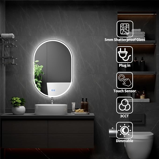 Bathroom Mirror 26"x38" LED Bathroom Mirror with Lights, Anti-Fog, Dimmable Oval Mirrors with Front Light and Backlit, Modern Farmhouse Wall Mounted Mirror for Decorative