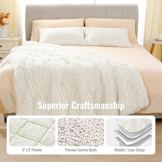 Uttermara Shaggy Faux Fur Weighted Blanket 15lbs, Super Soft Plush Fleece and Cozy Sherpa Reverse, Decorative Long Fur Throw Blankets 48"x72" 15LBS Cream