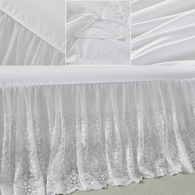 Brandream Lace Bed Skirt Queen Size White 18 Inch Drop Romantic Dust Ruffle Split Corners Bed Sheets Cover Excellent Quality