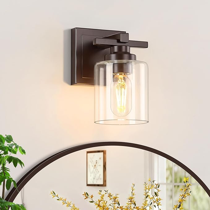 1 Light Modern Bathroom Light Fixtures Over Mirror, Bronze Finish Vanity Lights for Bathroom Wall Sconces with Clear Glass Shades, E26 Socket (Bulbs Not Included)