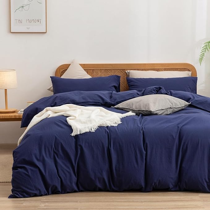 BESTOUCH Duvet Cover Set 100% Washed Cotton Linen Feel Super Soft Comfortable Chic Lightweight 3 PCs Home Bedding Set Solid Navy Blue Super King