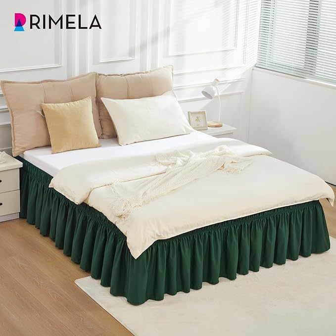 RIMELA Dark Green Bed Skirt King Size 15 Inch Drop, Elastic Wrap Around Bed Skirt King Dust Ruffle for Bed, Soft and Solid Fabric Bedding Bedskirt Machine Washable Easy to Install