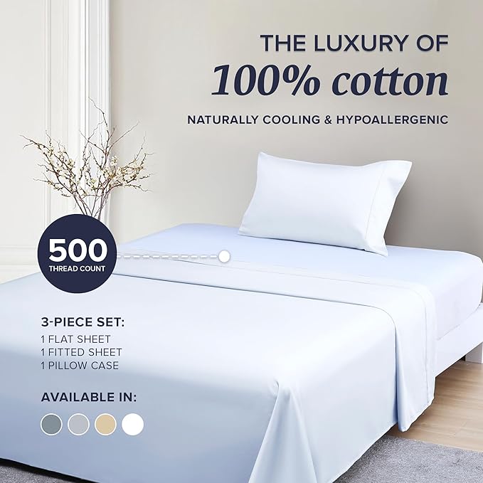Beckham Hotel Collection Twin Sheet Set 100% Cotton, 500TC Luxury Sateen Bedding, 16” Deep Pocket, Moisture-Wicking, 3-Piece, White
