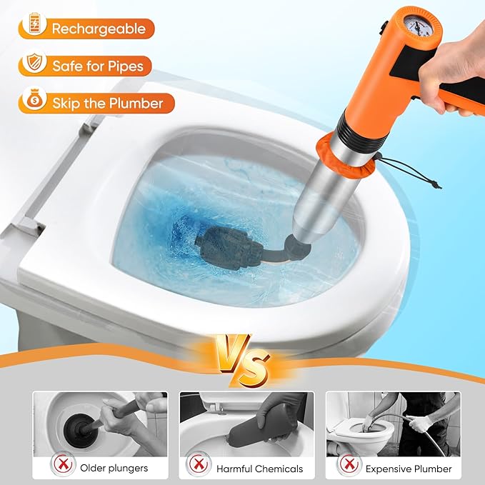 Electric Toilet Plunger, High Pressure Toilet Snake Drain Clog Remover, Splash-Free Unclogger with Drain Snake Auger, Plungers for Bathroom Heavy Duty, Versatile Air Blaster Unclogger Kit (Orange)