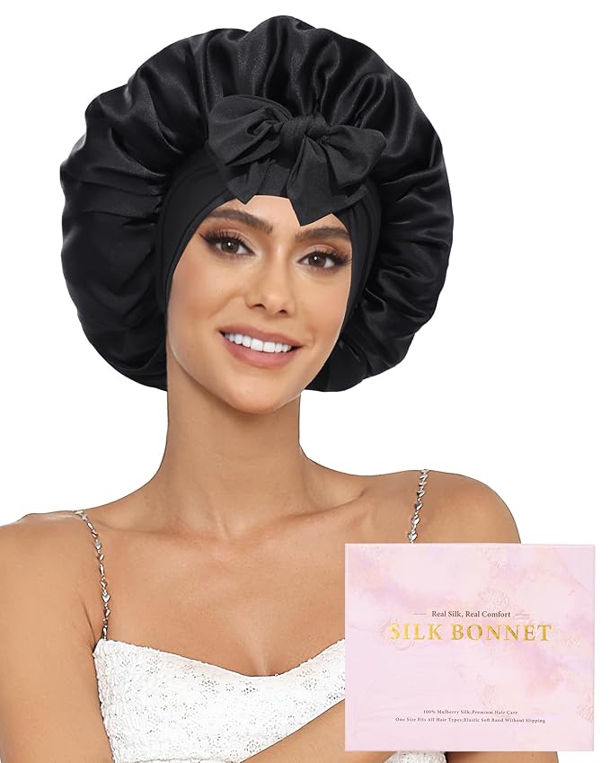 100% Mulberry Silk Bonnet for Sleeping Women Double Layer Silk Hair Bonnet Natural Silk Sleep Cap with Elastic Reversible Hair Wrap (Black)