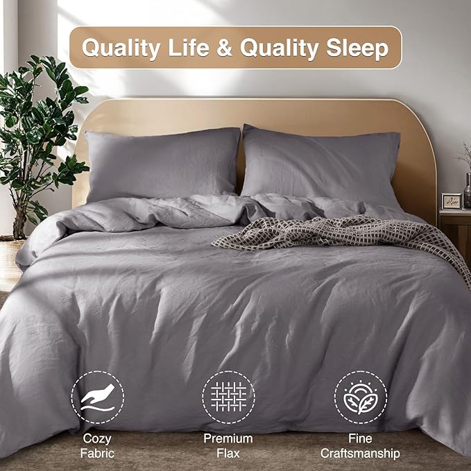 SONORO KATE 100% French Linen Duvet Cover Queen Size, Soft Breathable for Hot Sleepers, Moisture Wicking & Durable Cover Set - Zipper Closure & 4 Corner Ties Duvet Covers 3 Piece (Dark Grey,Queen)