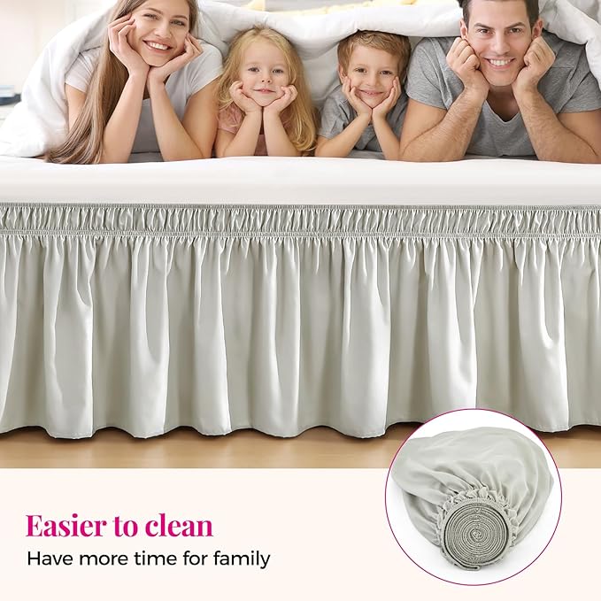 RIMELA Light Grey Bed Skirt Queen Size 15 Inch Drop, Wrap Around Elastic Bedskirt, Dust Ruffle for Adjustable Bed Base Machine Washable Easy to Install Bed Skirts