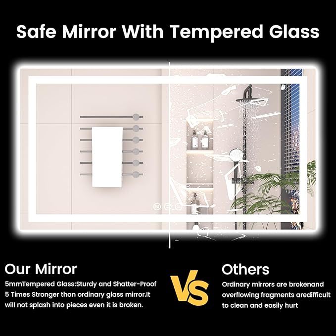 60X40 LED Bathroom Mirror with Lights, Anti-Fog, Backlit + Front Lit, Lighted Bathroom Vanity Mirror for Wall, Memory Function, Dimmable, Tempered Glass, Shatter-Proof, ETL Listed