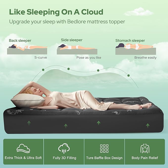 BEDLORE Twin Mattress Topper Viscose Derived from Bamboo, Thick Pillow Top Mattress Pad with Stretchable Pockets for 6"-15" Mattress, Soft Breathable Mattress Topper for Back Pain Relief(Dark Gray)