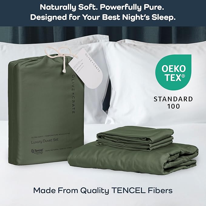 Olive + Crate Tencel Eucalyptus Cooling Duvet Cover Set - Hypoallergenic, Lyocell Tencel Duvet Cover - Soft, Temperature Regulating with Hidden Button Closure & Corner Ties - California King [Moss]