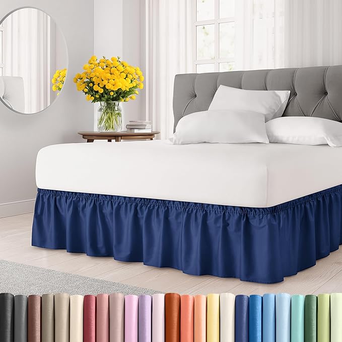 Wrap Around Dust Ruffle Bed Skirt - Navy Blue - for King Size Beds w/ 16 Inch Drop - Easy Fit Elastic Strap - Adjustable Pleated Bedskirt with Brushed Fabric, Wrinkle Free Women, Men, Kids and Teens