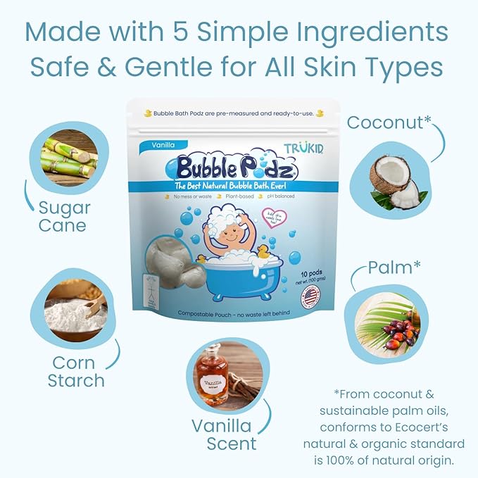 TruKid Bubble Podz Bubble Bath for Kids, Toddlers, & Babies, Tear Free Gentle & Refreshing Bath Bomb for Sensitive Skin with Natural Moisturizers, Non-Toxic, pH Balanced, Vanilla Scent (24 Podz)