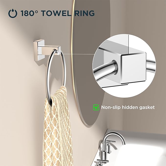 FORIOUS Toilet Paper Holder Wall Mount and Hand Towel Ring Set, SUS 304 Stainless Steel Double Post Pivoting Tissue Roll Holder, Modern Bathroom Hardware Accessories Set, Chrome
