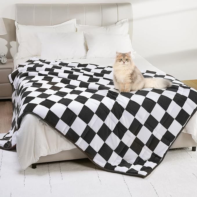 Cottonblue Weighted Blanket for Adults Queen Size 15lbs, Soft Sherpa Flannel Checkered Weighted Blankets, Fluffy Fuzzy Fleece Bed Heavy Blankets for Calming and Relax, Plaid Black, 60" x 80"