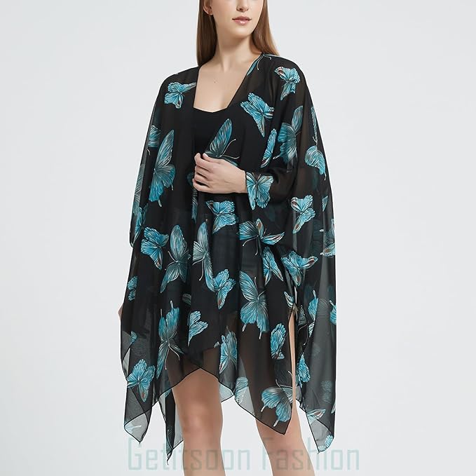 Women's Bohemian Floral Chiffon Beach Cover up Swimsuit Kimono Summer Swimwear Cardigans