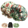 Satin bonnet for women 2PCS silk hair bonnet cap reversible for sleeping Adjustable Night sleep cap for curly natural hair double-layer and Washable (White Green flower)