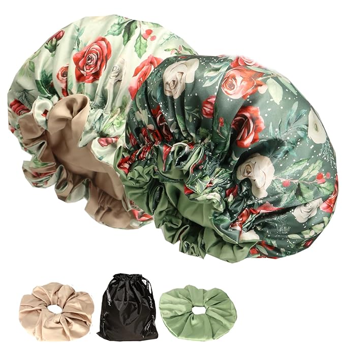 Satin bonnet for women 2PCS silk hair bonnet cap reversible for sleeping Adjustable Night sleep cap for curly natural hair double-layer and Washable (White Green flower)