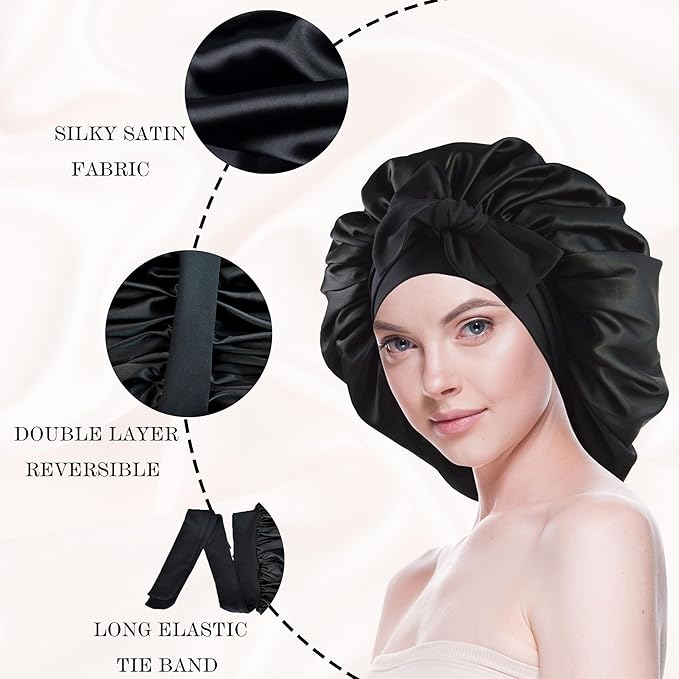 Silk Bonnet for Sleeping Women Satin Bonnet Double Layer Night Sleep Cap with Elastic Tie Band for Curly Natural Hair