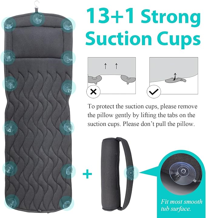 AEROiVi Full Body Bath Pillow with Adjustable Lumbar Roll Pillow Bathtub Cushion with 14 Suction Cups 3D Air Mesh Fit Any Tub Gray Bathroom Accessories