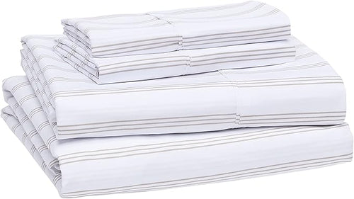 Amazon Basics Lightweight Super Soft Easy Care Microfiber 4 Piece Bed Sheet Set with 14-Inch Deep Pockets, Queen, Taupe Stripe, Striped
