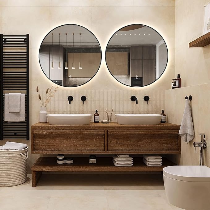 Niccy 32" LED Backlit Round Mirror for Bathroom, Black Framed Vanity Light Wall Mirror LED Smart Circle Mirrors with 3 Lighting Colors, Dimmable Lighted Mirror with Anti-Fog, IP65 Waterproof