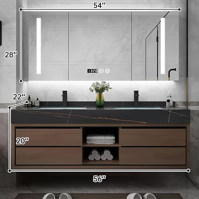 56IN Double Sink Bathroom Vanity, Floating Modern Bathroom Vanity Include Smart Defog Mirror Cabinet with LED Light, Solid Wood Vanities with Integrated Sink and Drawers Storage