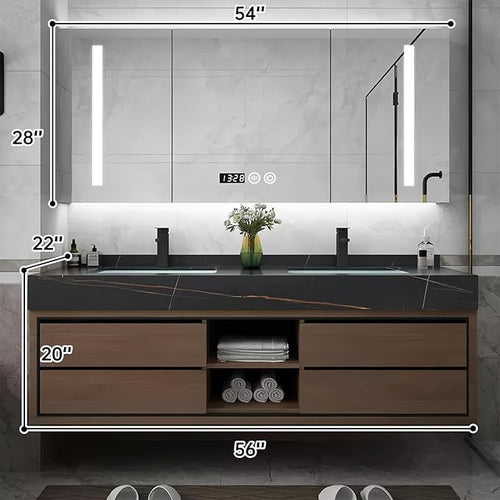 56IN Double Sink Bathroom Vanity, Floating Modern Bathroom Vanity Include Smart Defog Mirror Cabinet with LED Light, Solid Wood Vanities with Integrated Sink and Drawers Storage