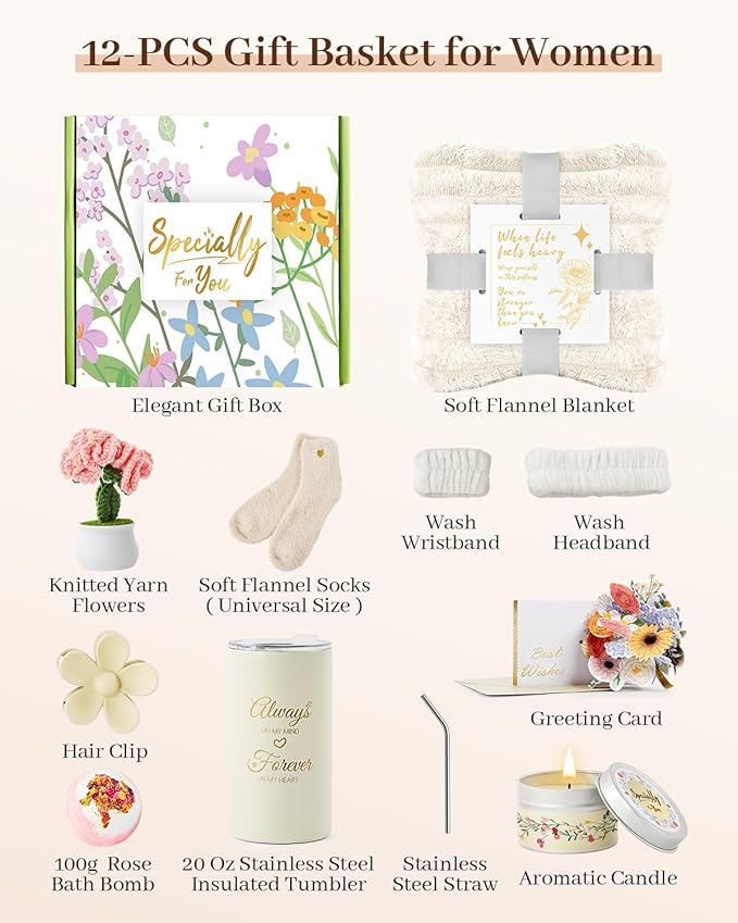 Get Well Gifts for Women, Care Package Happy Birthday Gifts for Women, Relaxing Spa Gift Baskets, Get Well Soon Gift Basket Sympathy Gift Baskets Thank You Gifts for Mom, Wife, Sister, Friends