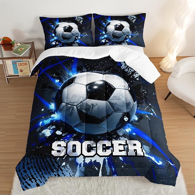 Football Comforter Set Full Size,Balls Game Pattern Kids Comforter for Boys Girls Teens Soccer Room Decor,Sports Themed Football Court Bedding Sets with 2 Pillowcases.