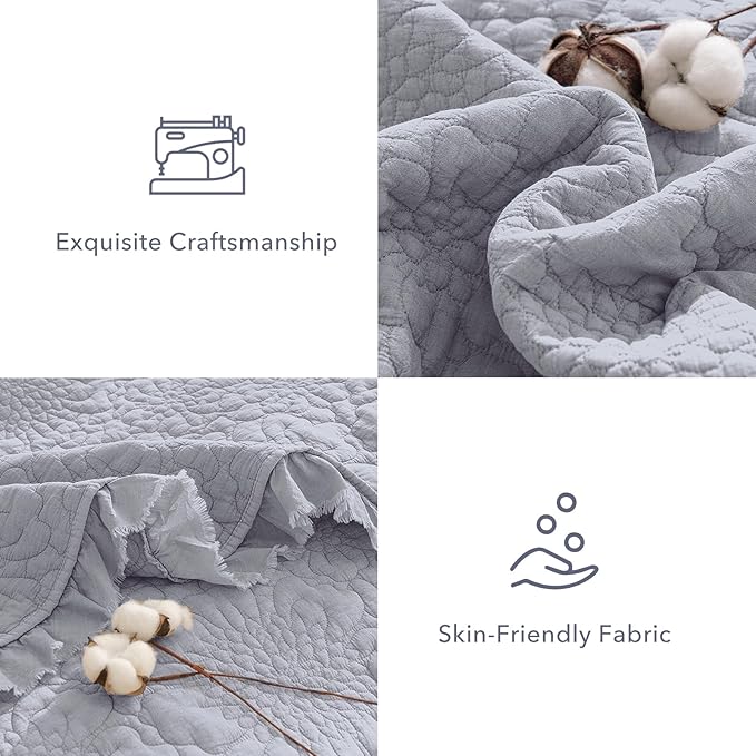 QSH 3PCs Cornflower Blue Oversized King Quilt Bedspread Set(120"x120"),Stonewashed Cotton Ruffle Quilt California King,Soft Lightweight Crinkled Shabby Bedspread Coverlet Bedding Set for All Seasons