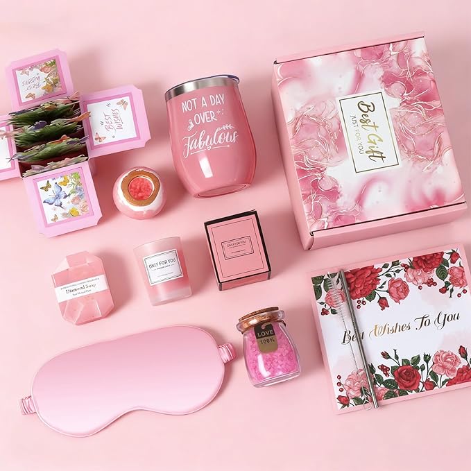 Spa Gift Basket with Bath Essentials- Pink Rose Relaxation Kit Set, Spa Items Box for Christmas Birthday Thanksgiving Holiday Women, Wife, Mom, Sister, Girlfriend