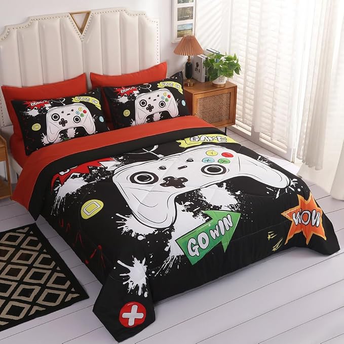 Wajade Kids Game Comforter Set Bed in A Bag Full Size 7 Piece 3D Colorful Video Game Controller Bedding Set for Boys Girls (1 Comforter, 1 Flat Sheet, 1 Fitted Sheet, 2 Pillowcase and 2 Pillow Sham)