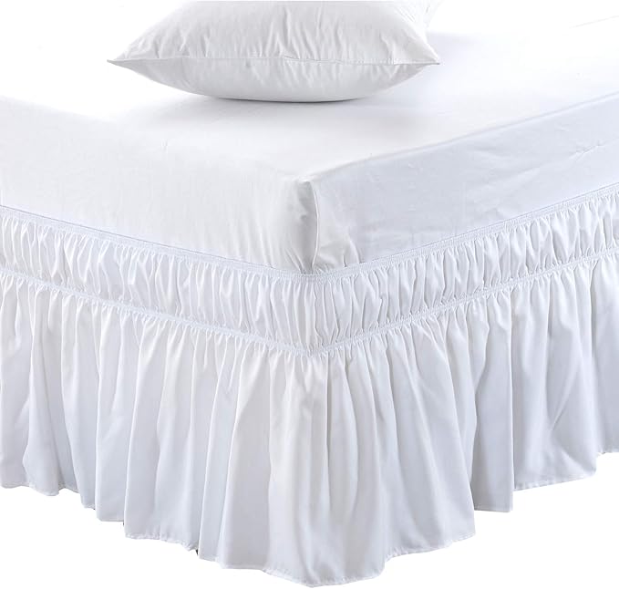 MEILA Wrap Around Bed Skirt Three Fabric Sides Elastic Dust Ruffled 16 Inch Tailored Drop,Easy to Install Fade Resistant-White, Queen/King