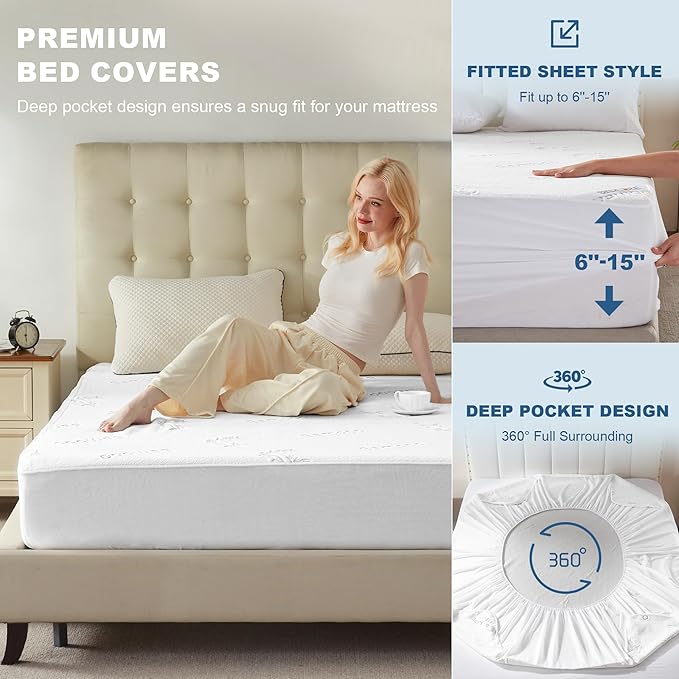 BEDLORE Twin Size Waterproof Mattress Protector Viscose Derived from Bamboo, Soft Mattress Cover Fitted with Deep Pocket 6"-15", Breathable & Cooling Noiseless Mattress Pad, Machine Washable(White)