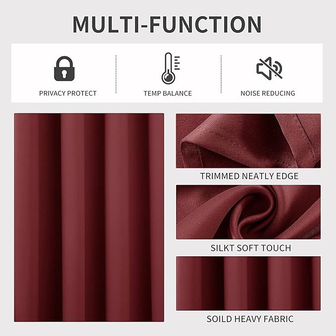 Joydeco Blackout Curtains 63 Inch Length 2 Panels Set, Thermal Insulated Long Curtains 2 Burg, Room Darkening Grommet Drapes for Bedroom Living Room Windows (W42 x L63 Inch, Burgundy Red)