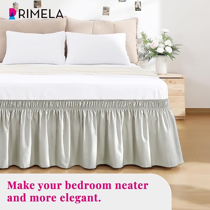 RIMELA Light Grey Bed Skirt Queen Size 15 Inch Drop, Wrap Around Elastic Bedskirt, Dust Ruffle for Adjustable Bed Base Machine Washable Easy to Install Bed Skirts