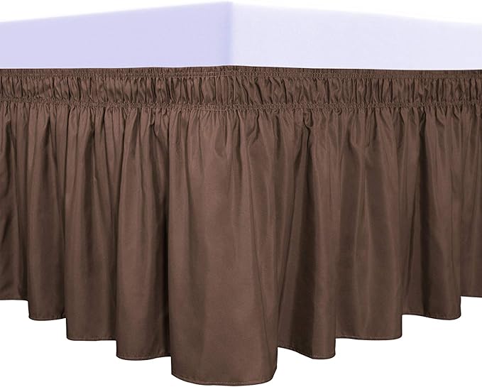PureFit Wrap Around Ruffled Bed Skirt with Adjustable Elastic Belt - 18 Inch Drop Easy to Put On, Wrinkle Free Bedskirt Dust Ruffles, Bed Frame Cover for Queen, King and C-King Size Beds, Brown